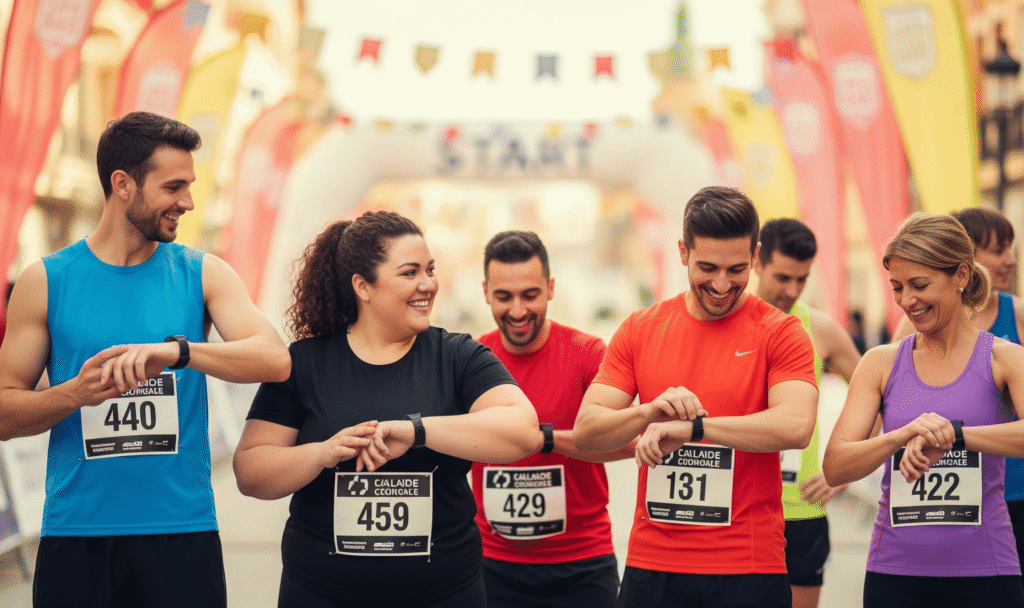 Un Grupo Diverso De Corredores De Complexiones Distintas Sonriendo Y Preparandose En Una Linea De Salida En Una Carrera Popular En Espana Scaled E1749421245894