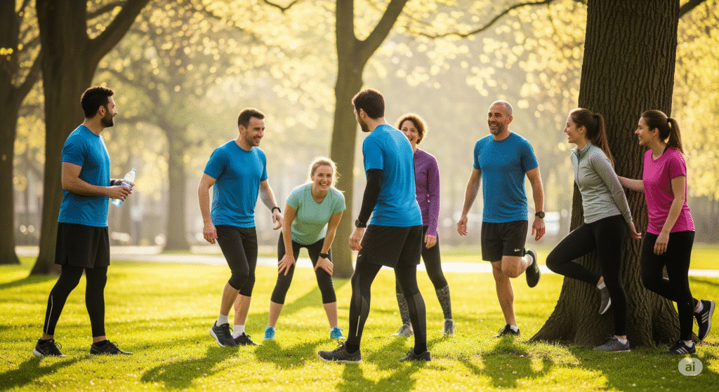 Un Grupo Diverso De Corredores Estirando Y Charlando Animadamente Despues De Haber Completado Su Entrenamiento Simbolizando El Exito De Correr Con Un Grupo Por Primera Vez 1