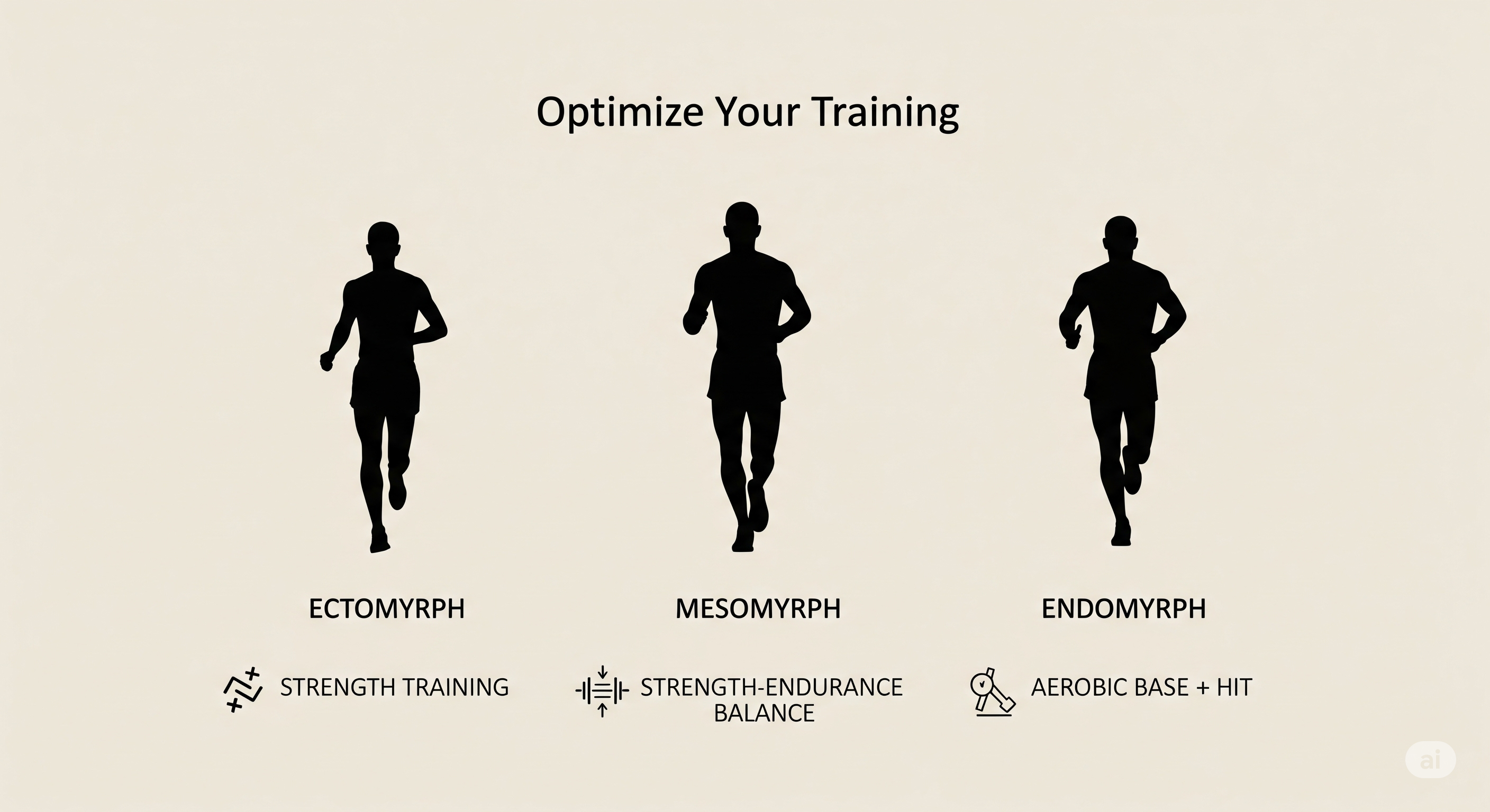 Una Infografía Estilizada Mostrando Los Tres Somatotipos (Ectomorfo, Mesomorfo, Endomorfo) Con Consejos Clave De Entrenamiento Para Corredores De Complexiones Distintas.