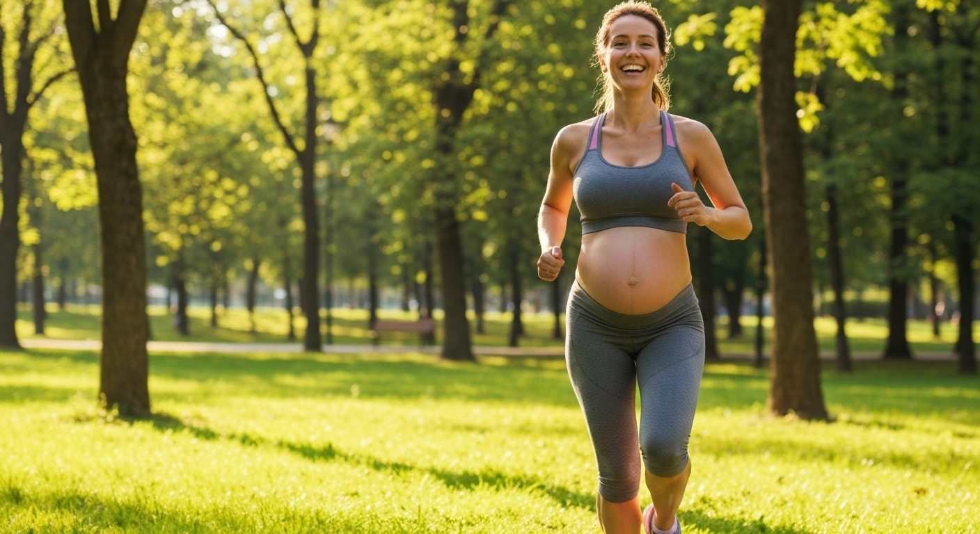 Mujer Embarazada Feliz Corriendo Al Aire Libre Durante El Embarazo