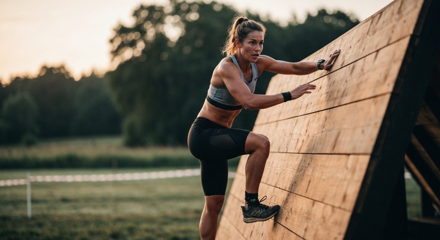 Atleta superando un muro en carrera de obstáculos – Ejercicios para superar muros en carreras de obstáculos