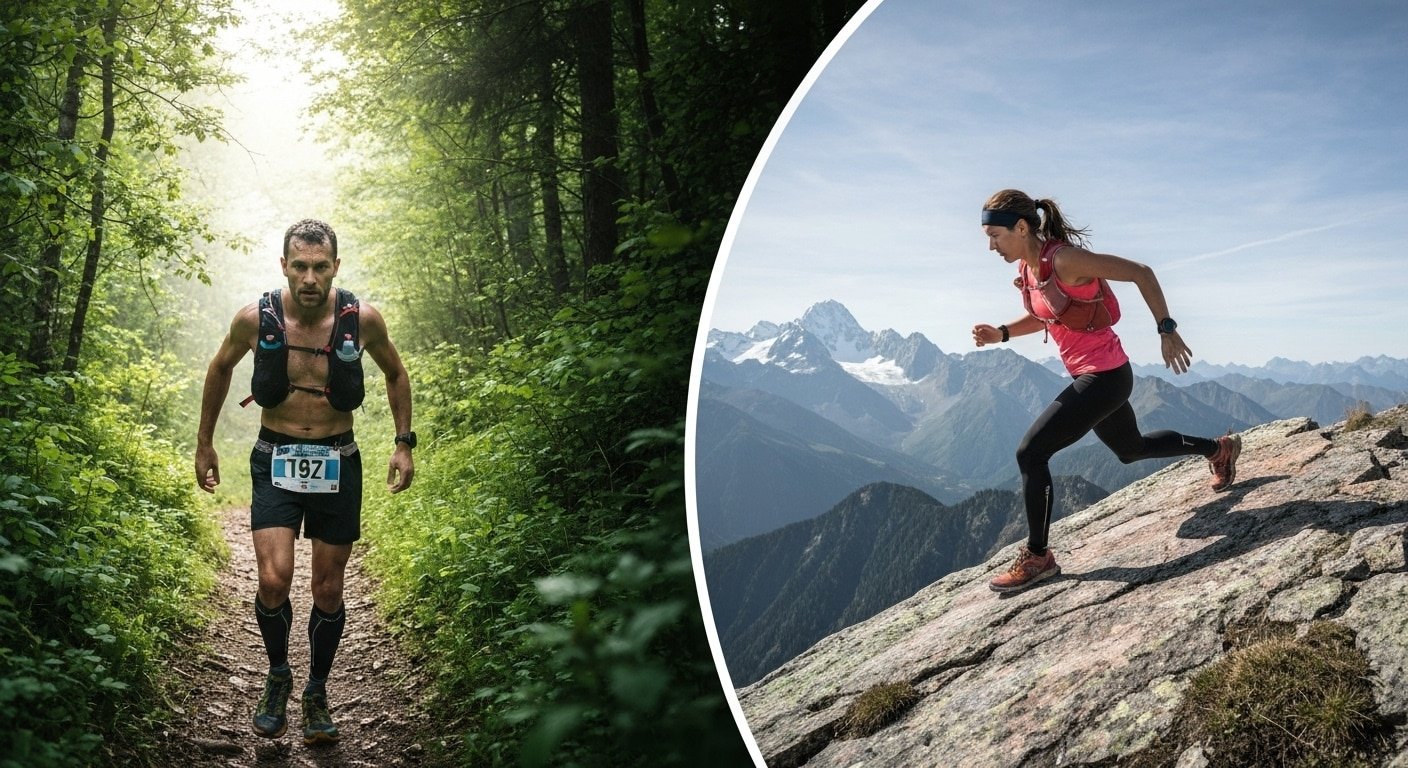 Ilustración de la diferencia entre trail running y skyrunning en diversos terrenos.