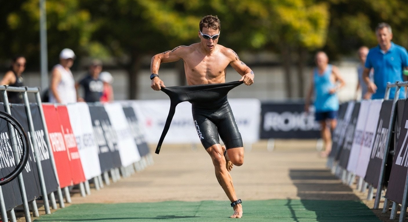Atleta haciendo transición T1: cómo entrenar las transiciones en triatlón