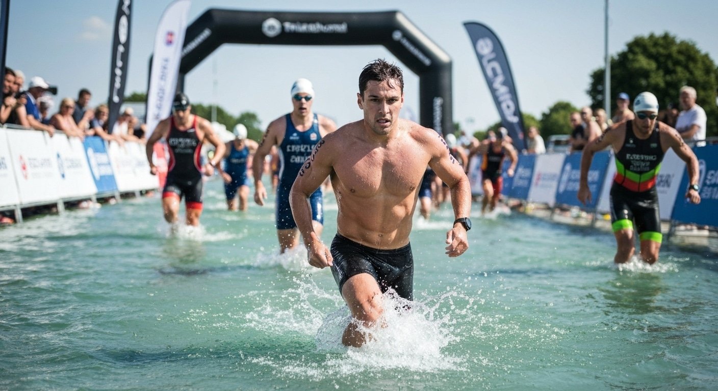 Atleta iniciando la natación en un evento de distancias triatlón sprint