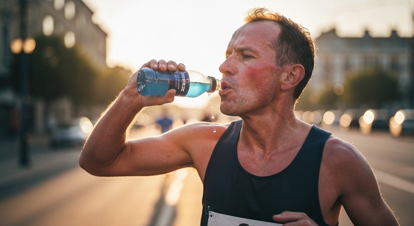 Corredor de Larga Distancia Hidratándose con Electrolitos en Carrera