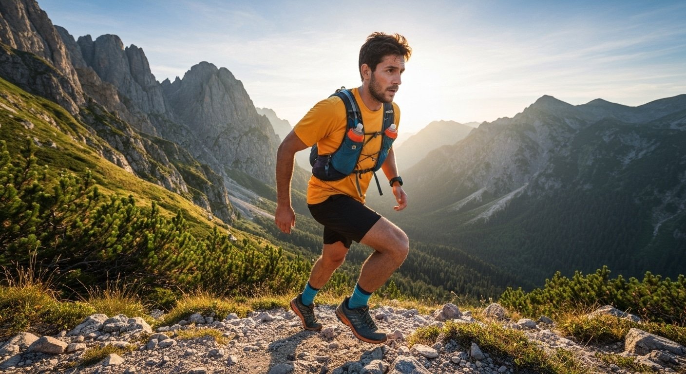 Corredor con material necesario para trail running en montaña
